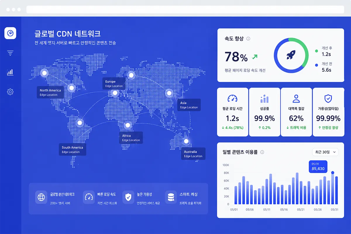 글로벌 CDN 무료 적용 - 빠른 로딩 속도 제공