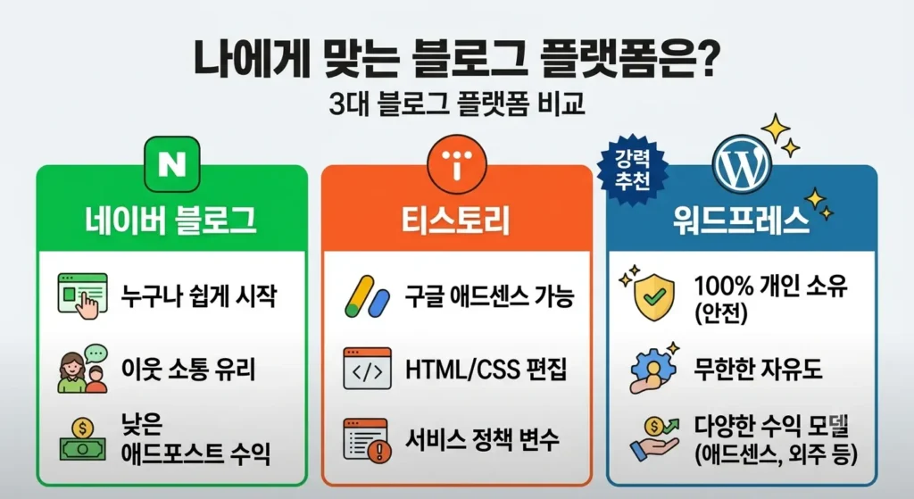네이버 vs 티스토리 vs 워드프레스 비교 - 나에게 맞는 블로그 플랫폼은?