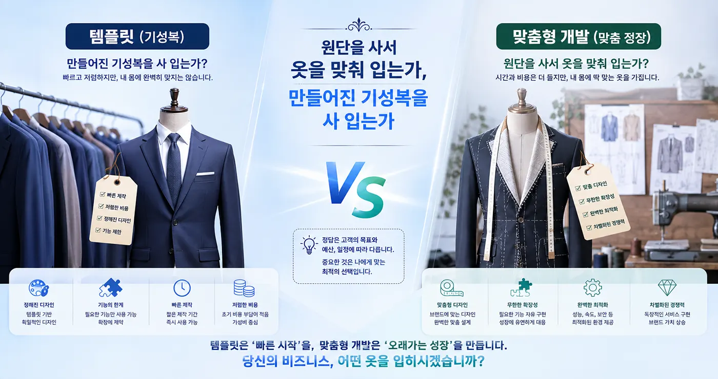 제작 방식의 차이 - 템플릿(기성복) vs 맞춤형 개발 (맞춤 정장)