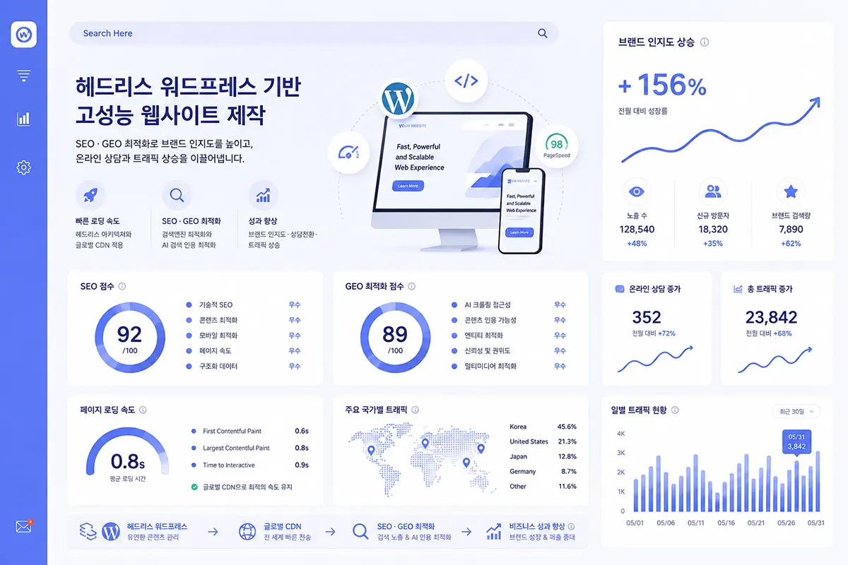 홈페이지 제작 및 SEO · GEO 최적화를 통한 브랜드 인지도 및 온라인 상담 신청 상승